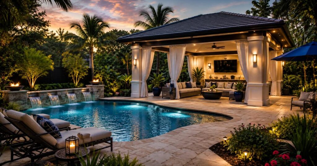 beautiful luxury resort style backyard with shade solutions, luxury cabana poolside