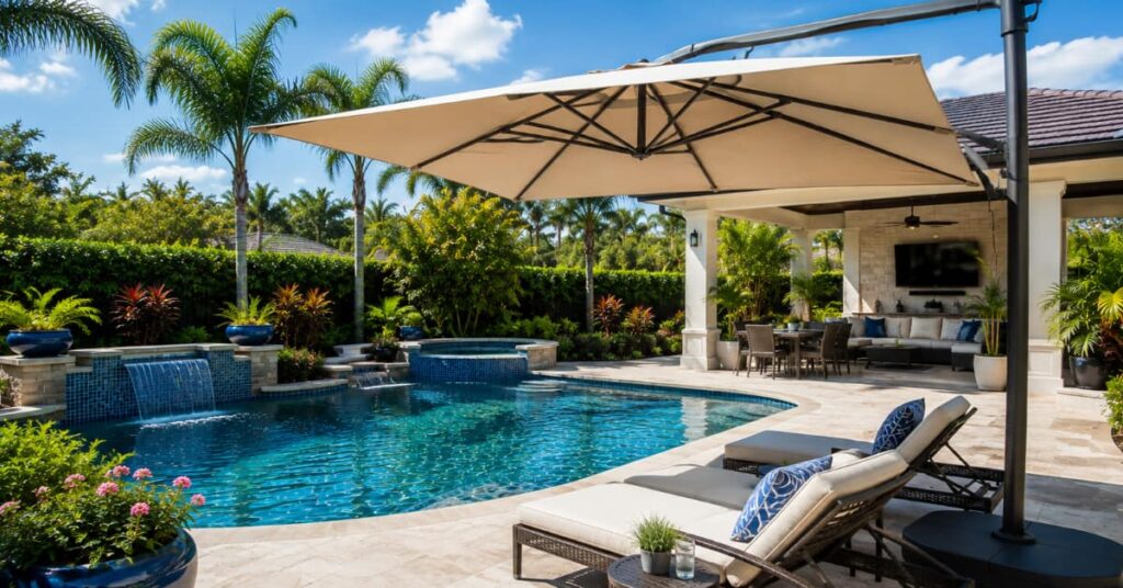 Cantalever oversized umbrella over loungers poolside for the best shade solutions