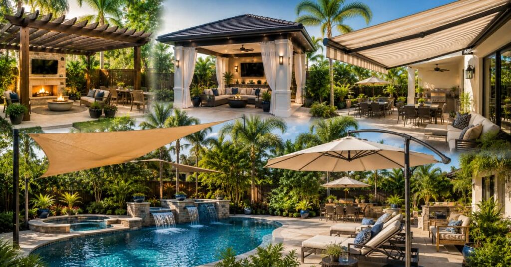 collage of the best 5 types of shade solutions for florida backyards with pools
