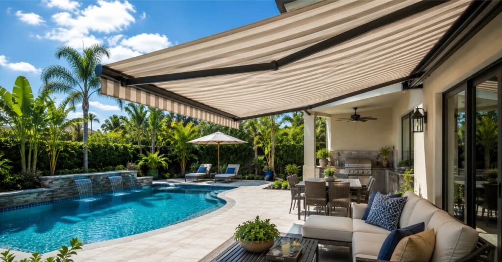 rectractable awning over lounging area by pools, concept of best shade solutions in FL