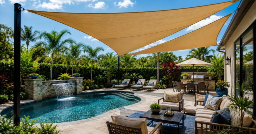 shade sail over pool Florida backyard with lounging area representing best shade solutions