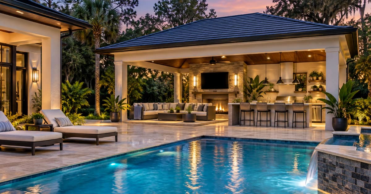 luxury pool house design with outdoor kitchen and seating by pool for Florida backyard living