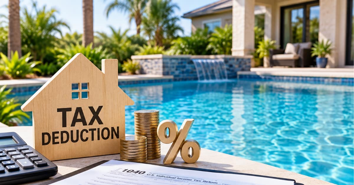 pool, wood house, words tax deduction, calculator, concept of Can a Swimming Pool Be a Tax Write Off?